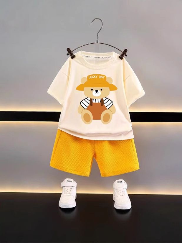 New children's clothing styles for summer. Children's casual and loose-fitting sets. Short-sleeved waffle-knit tops for boys. Suitable for babies in summer