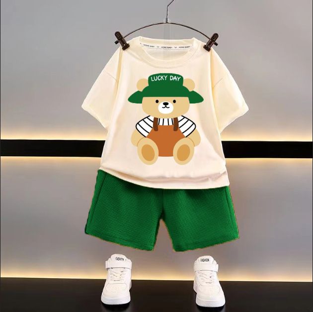 New children's clothing styles for summer. Children's casual and loose-fitting sets. Short-sleeved waffle-knit tops for boys. Suitable for babies in summer