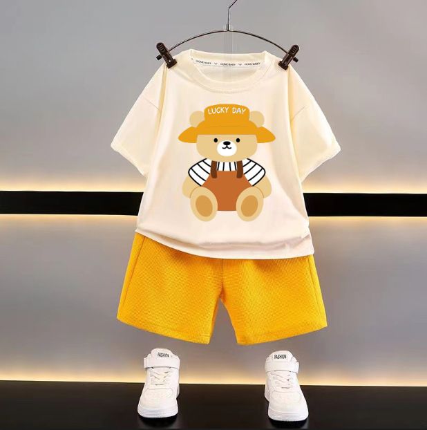 New children's clothing styles for summer. Children's casual and loose-fitting sets. Short-sleeved waffle-knit tops for boys. Suitable for babies in summer