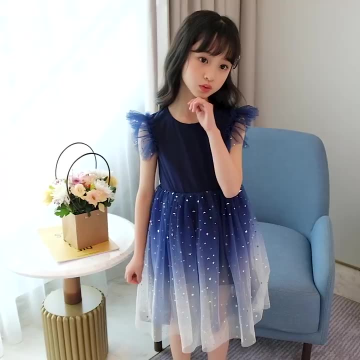 New 2025 summer dresses for girls, stylish starry gradient short-sleeve dresses, princess dresses, tutu tulle dresses, children's dresses