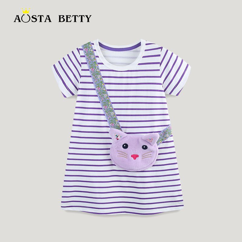 2025 Summer New Kids' Dress Collection: Cartoon Cat Bag Girls' Princess Dress, Stylish Striped Children's Dress, Cotton Dress