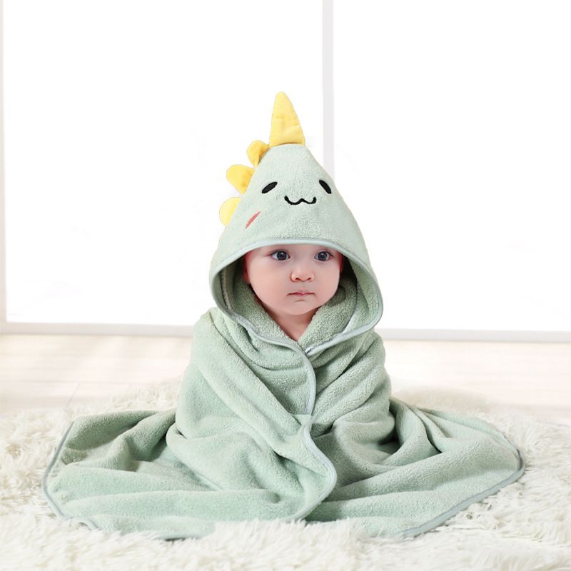 Coral fleece absorbent children's bath towel, embroidered, with a hood, in the style of a cape. Cartoon-patterned bathrobe, swaddle blanket, suitable for newborns