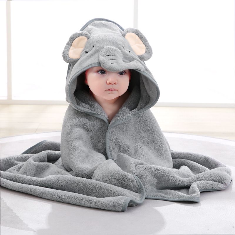 Coral fleece absorbent children's bath towel, embroidered, with a hood, in the style of a cape. Cartoon-patterned bathrobe, swaddle blanket, suitable for newborns