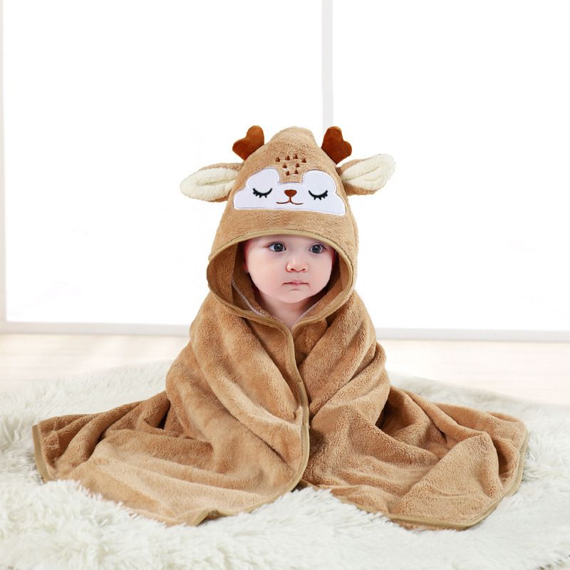 Coral fleece absorbent children's bath towel, embroidered, with a hood, in the style of a cape. Cartoon-patterned bathrobe, swaddle blanket, suitable for newborns