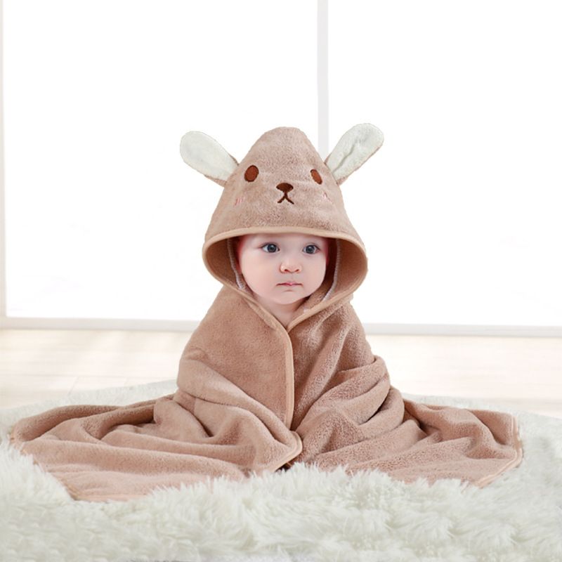 Coral fleece absorbent children's bath towel, embroidered, with a hood, in the style of a cape. Cartoon-patterned bathrobe, swaddle blanket, suitable for newborns