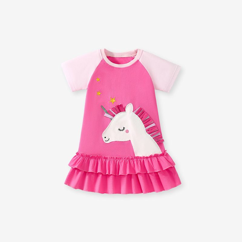 Cute New Summer Children's Dress for Girls - Cotton Cartoon Kids' Dress in Colorful Pink Style