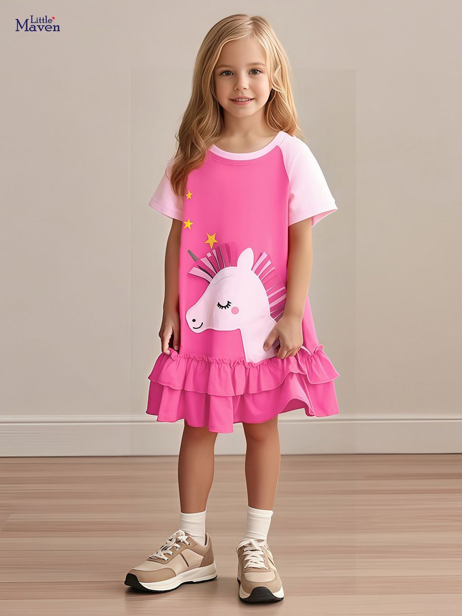 Cute New Summer Children's Dress for Girls - Cotton Cartoon Kids' Dress in Colorful Pink Style