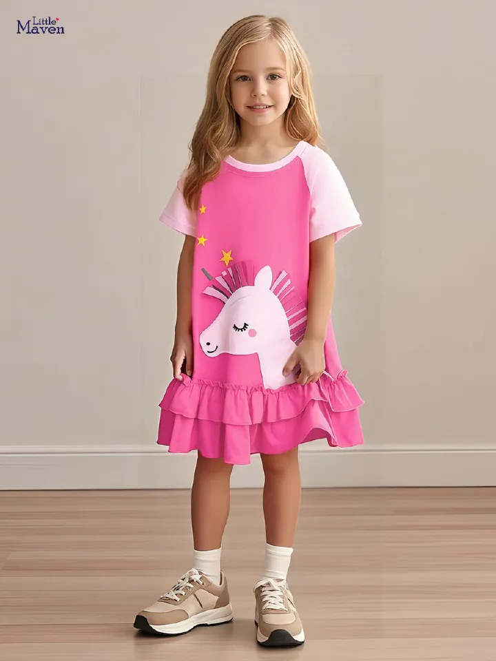 Cute New Summer Children's Dress for Girls - Cotton Cartoon Kids' Dress in Colorful Pink Style