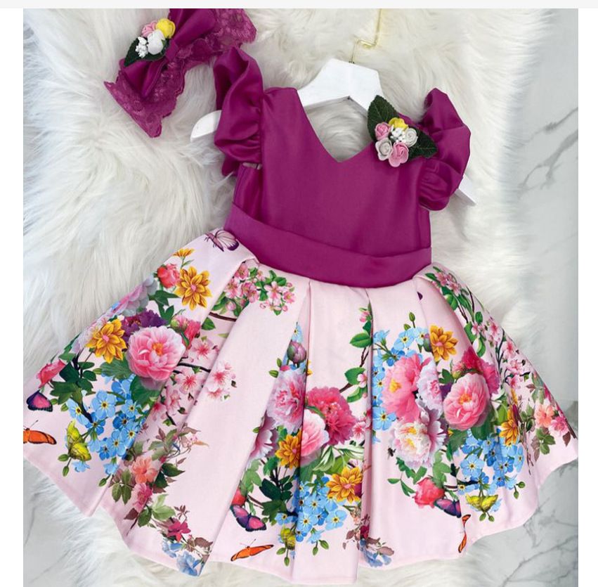 New Summer Satin Girls' Dress - Printed Puff Princess Skirt, Birthday Party Dress for Girls, Includes Headband