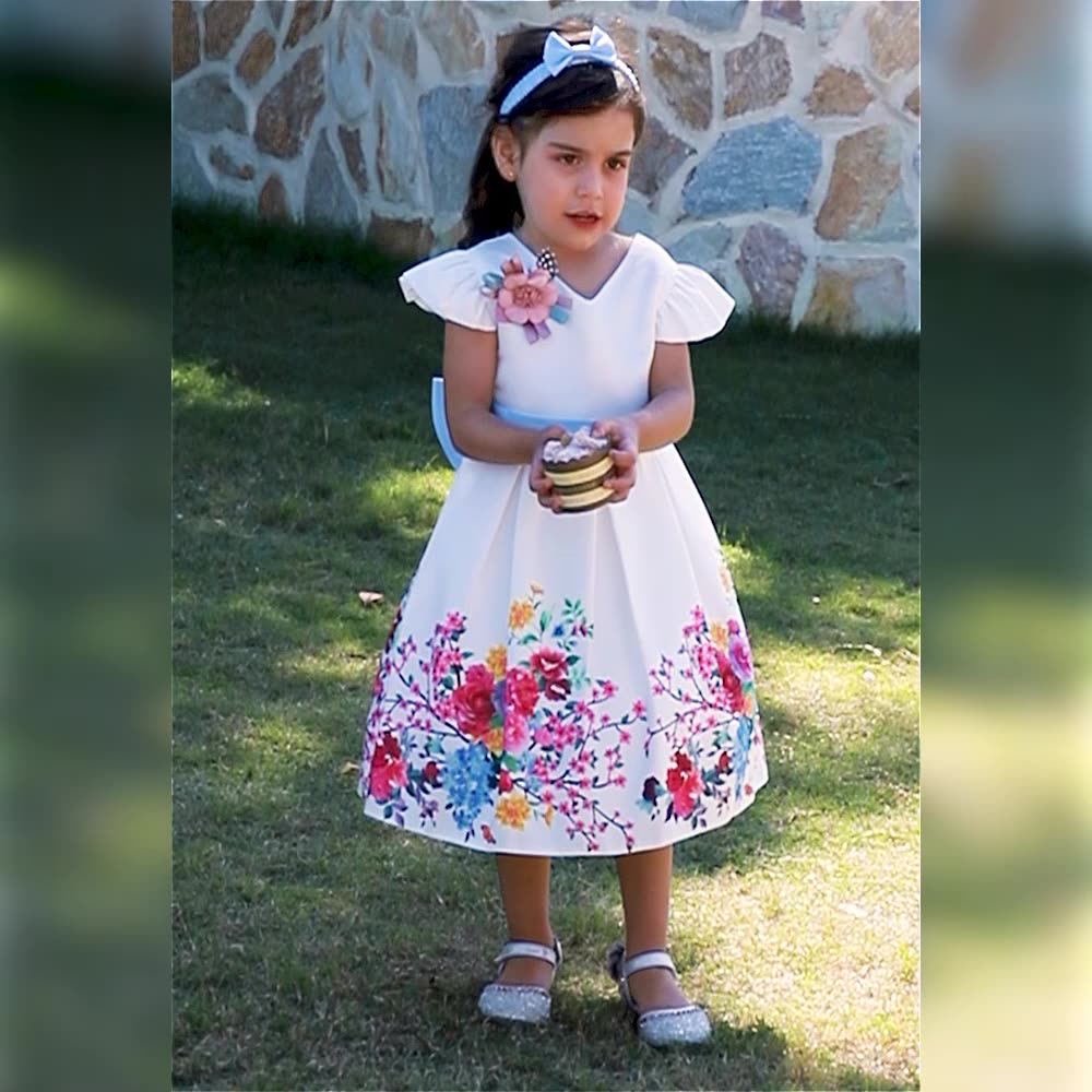 New Summer Satin Girls' Dress - Printed Puff Princess Skirt, Birthday Party Dress for Girls, Includes Headband