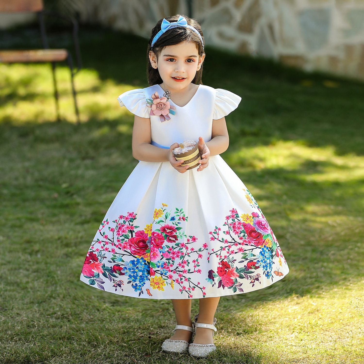 New Summer Satin Girls' Dress - Printed Puff Princess Skirt, Birthday Party Dress for Girls, Includes Headband