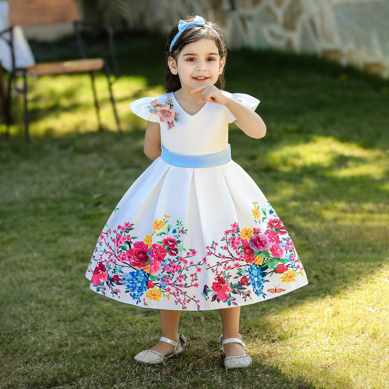 New Summer Satin Girls' Dress - Printed Puff Princess Skirt, Birthday Party Dress for Girls, Includes Headband