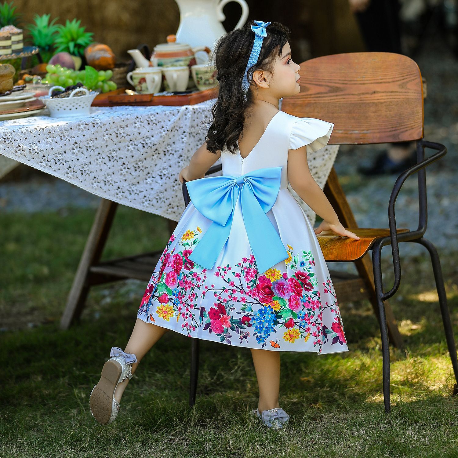 New Summer Satin Girls' Dress - Printed Puff Princess Skirt, Birthday Party Dress for Girls, Includes Headband