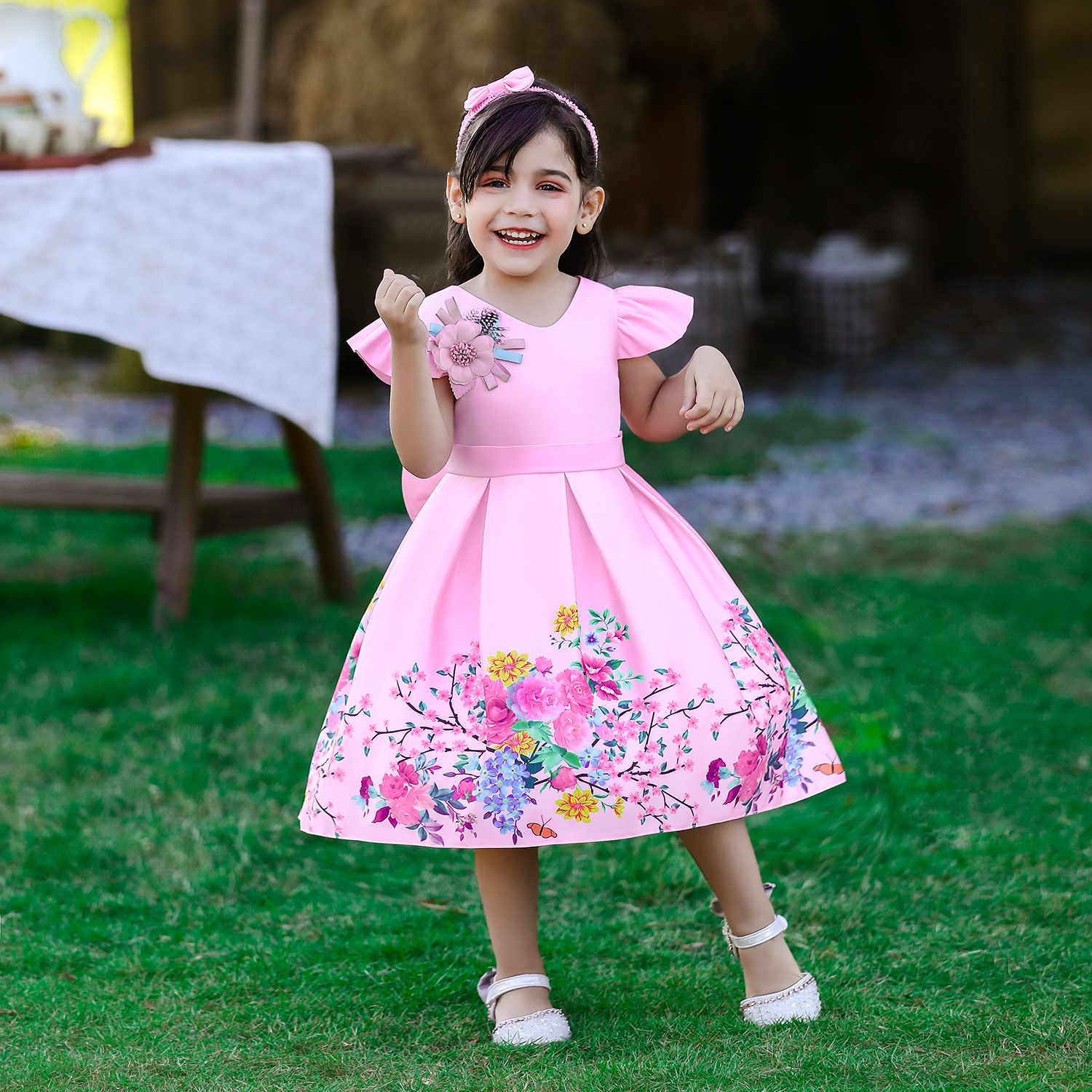 New Summer Satin Girls' Dress - Printed Puff Princess Skirt, Birthday Party Dress for Girls, Includes Headband