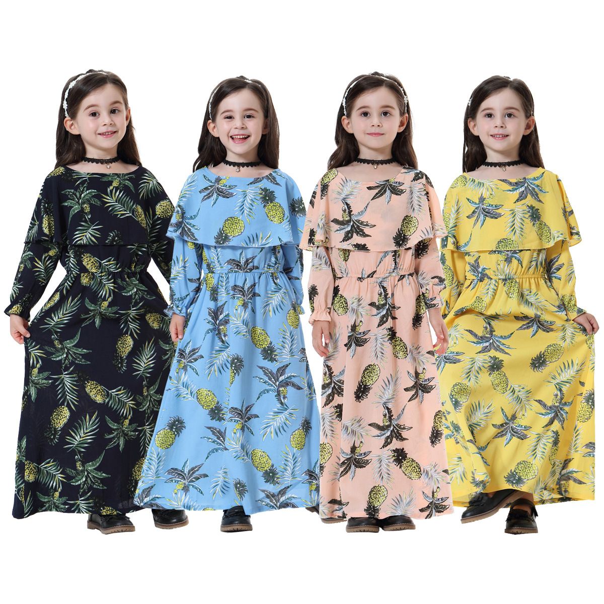 New summer girls' printed long-sleeved dresses. Girls' ethnic clothing,  casual long shirts.