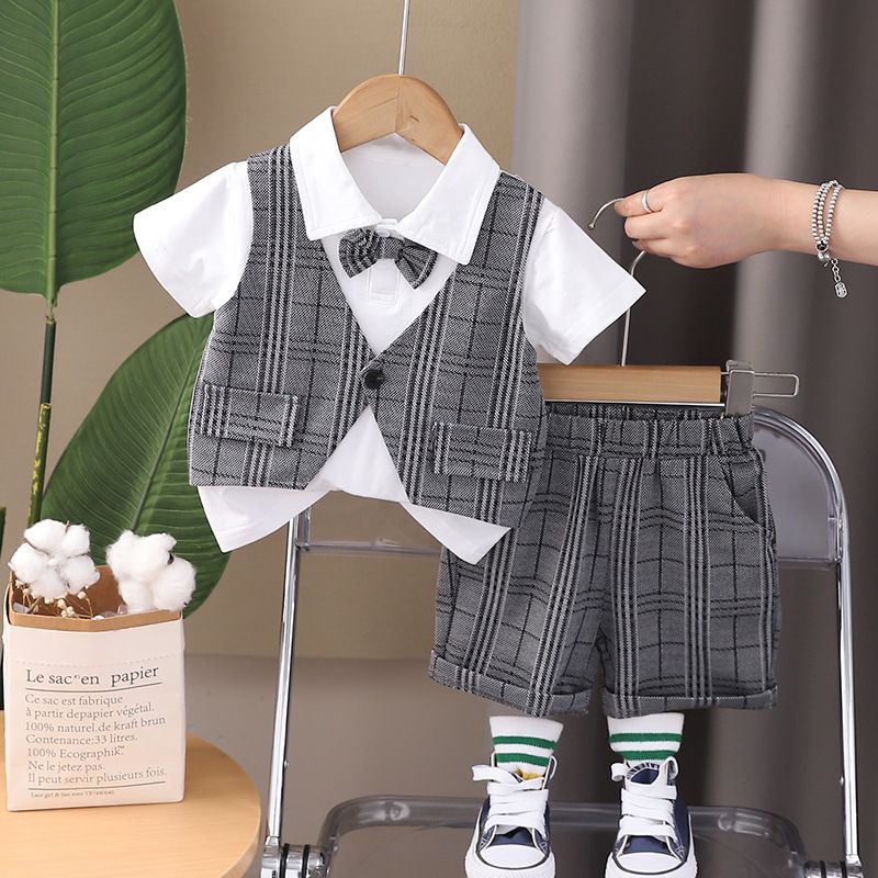 New boy fake two-piece coat children's summer bow tie plaid vest short sleeve cardigan two-piece suit