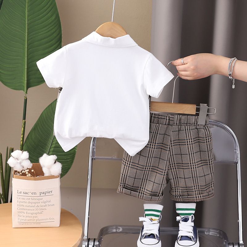 New boy fake two-piece coat children's summer bow tie plaid vest short sleeve cardigan two-piece suit