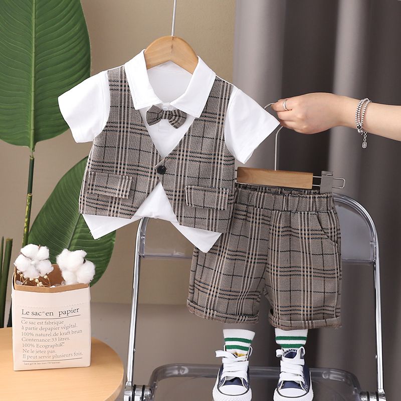 New boy fake two-piece coat children's summer bow tie plaid vest short sleeve cardigan two-piece suit