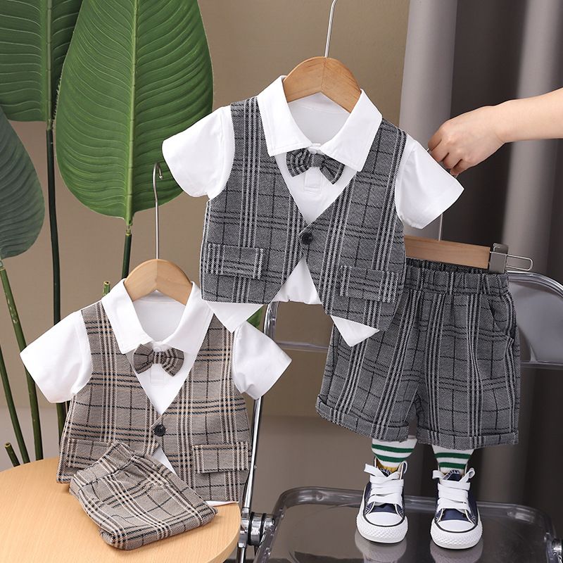 New boy fake two-piece coat children's summer bow tie plaid vest short sleeve cardigan two-piece suit