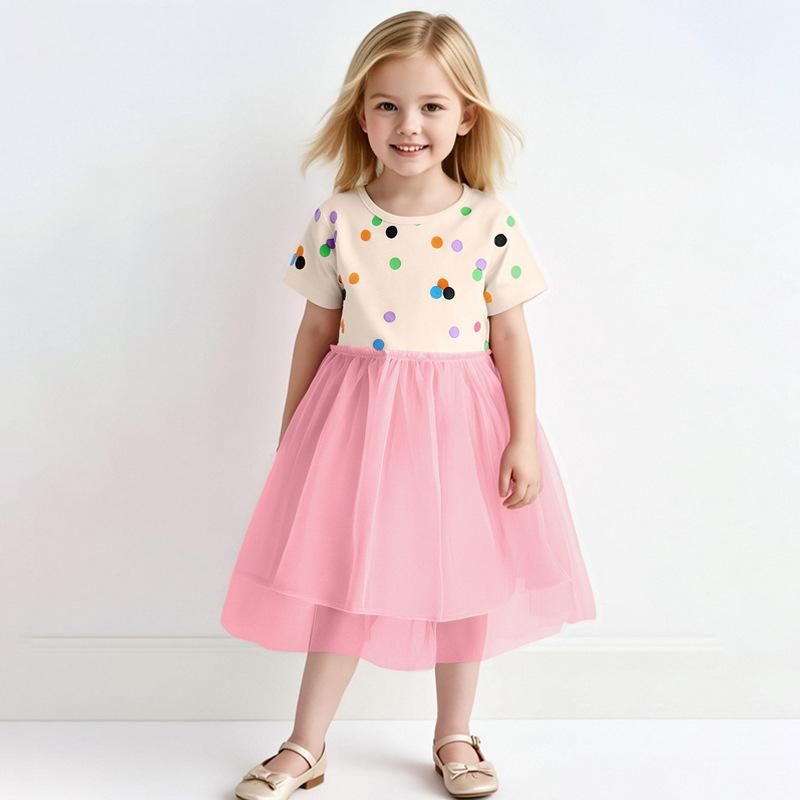 New Summer Girls' Tulle Dress with Polka Dot Print - Children's Princess Dress with Round Neck and Short Sleeves