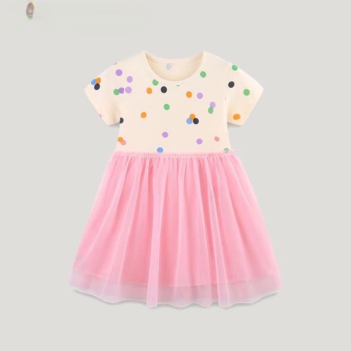 New Summer Girls' Tulle Dress with Polka Dot Print - Children's Princess Dress with Round Neck and Short Sleeves