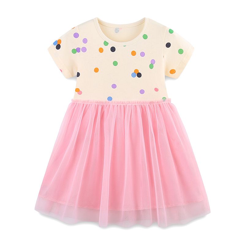 New Summer Girls' Tulle Dress with Polka Dot Print - Children's Princess Dress with Round Neck and Short Sleeves