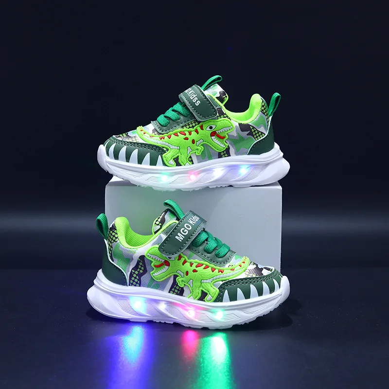 New Children's Sports Shoes Cartoon Dinosaur Children's LED Light Shoes Soft Sole Boys' Causal Sneakers