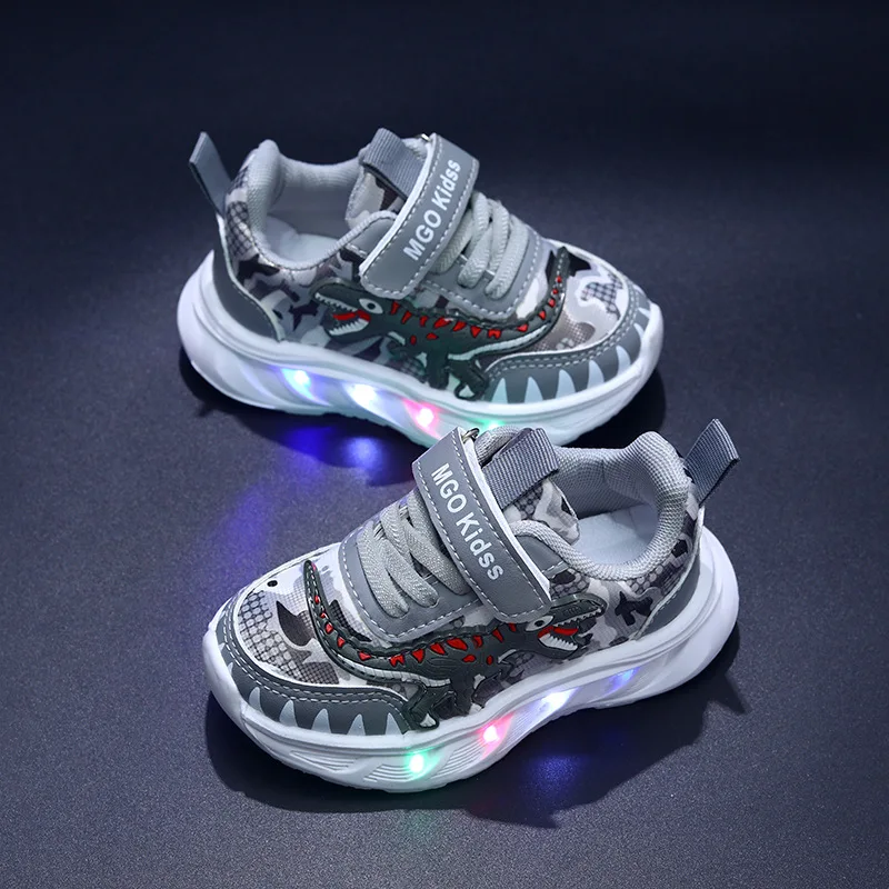 New Children's Sports Shoes Cartoon Dinosaur Children's LED Light Shoes Soft Sole Boys' Causal Sneakers