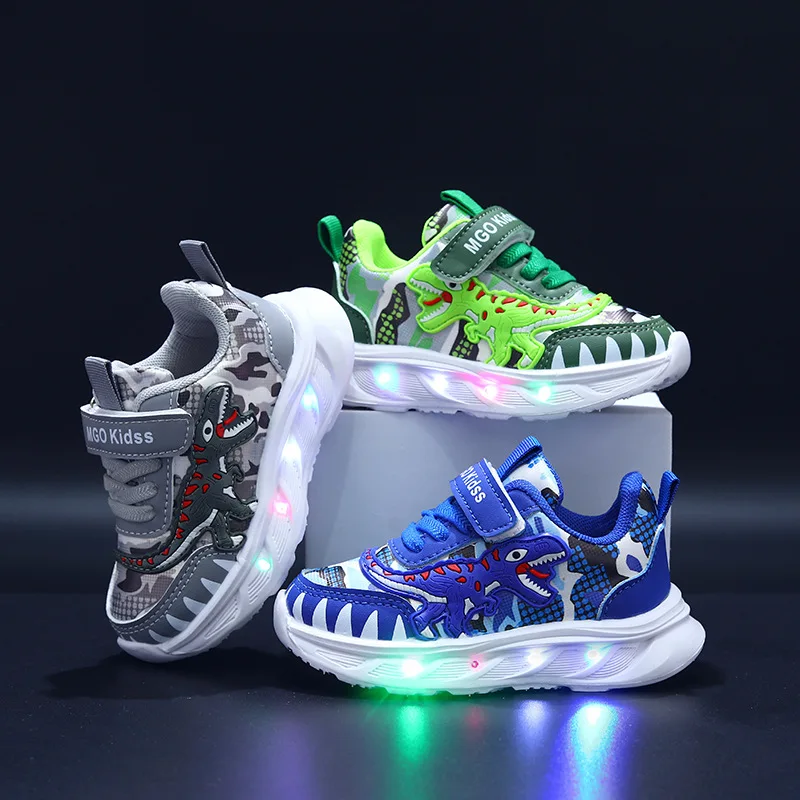 New Children's Sports Shoes Cartoon Dinosaur Children's LED Light Shoes Soft Sole Boys' Causal Sneakers