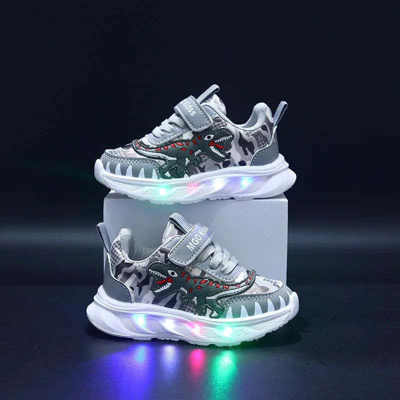 New Children's Sports Shoes Cartoon Dinosaur Children's LED Light Shoes Soft Sole Boys' Causal Sneakers