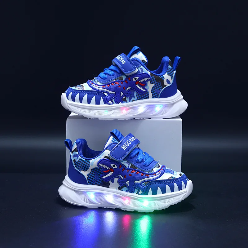 New Children's Sports Shoes Cartoon Dinosaur Children's LED Light Shoes Soft Sole Boys' Causal Sneakers