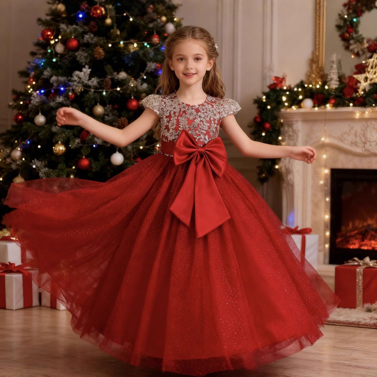 New girls' wedding dress Princess Pengpeng dress host performance dress children's Christmas evening dress