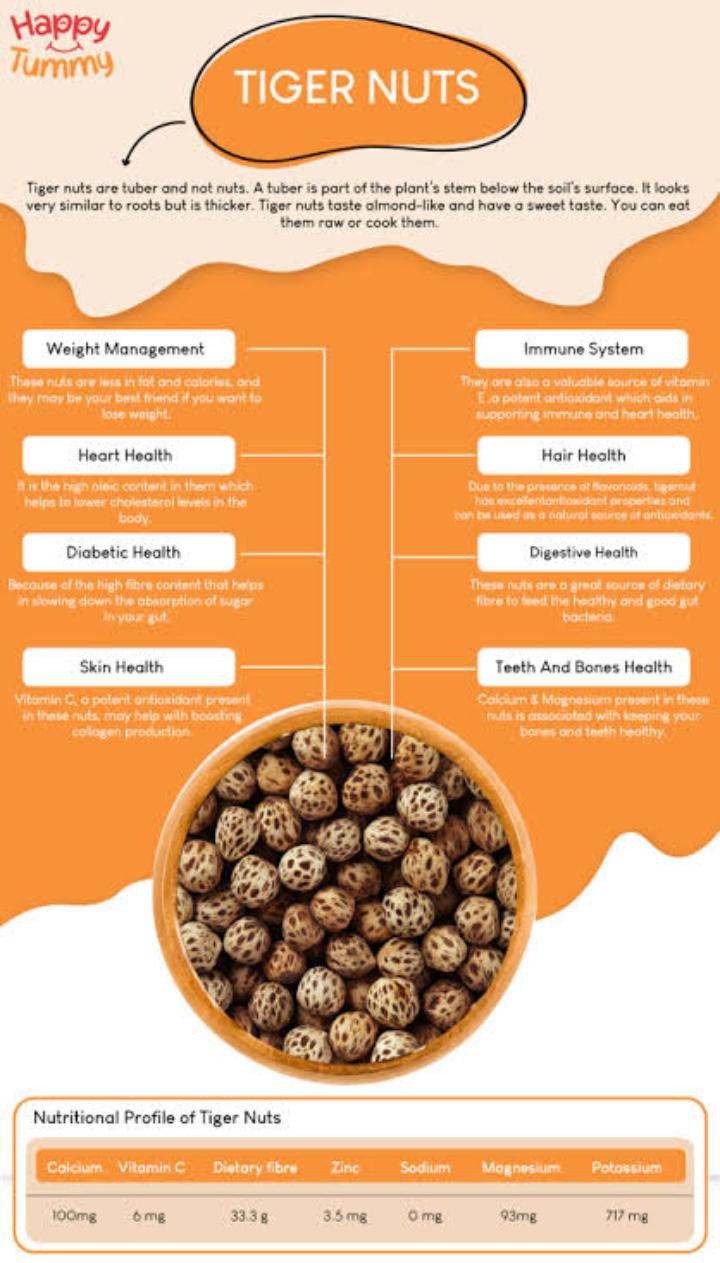 TIGER NUTS (reduce blood sugars, improves heart health , rich In fiber , reduce cholesterol , rich in vitamin c
