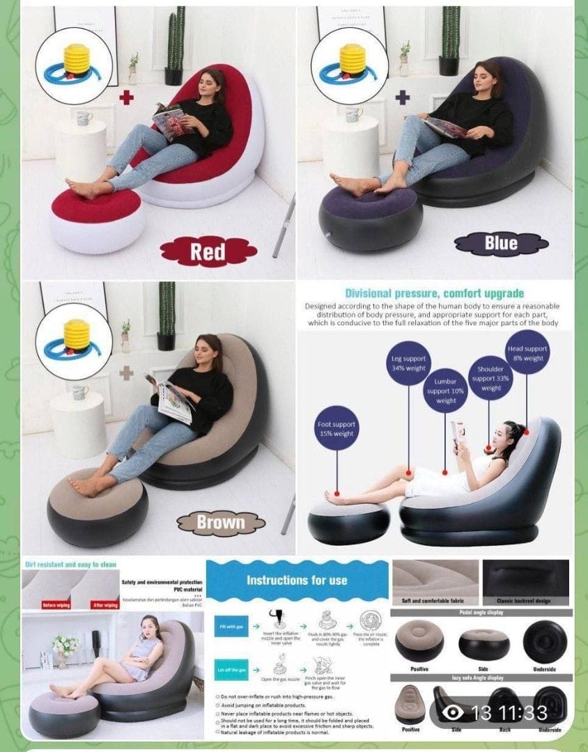 *Restocked🎯*

*Reduced price*🆒

*Inflatable sofa seat with foot stool and manual pump now available in 4 colours ✨