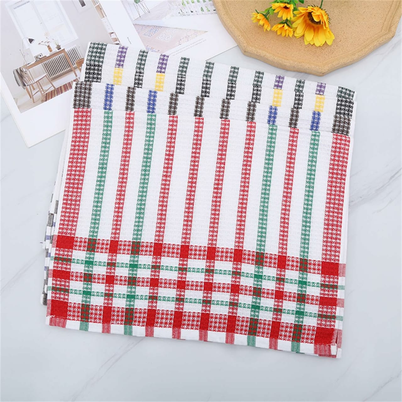 100% cotton Bright Large Tea Towels, 4-Pack, 42cm x 68cm Stripe Dish Towels for Washing Drying Dishes, Colorful Waffle Design tea Towels, Bar Towels Dish towel,