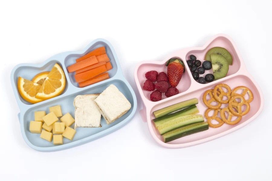 Silicone STICKIE PLATE No spill snack bowl with partitions for baby feeding training
