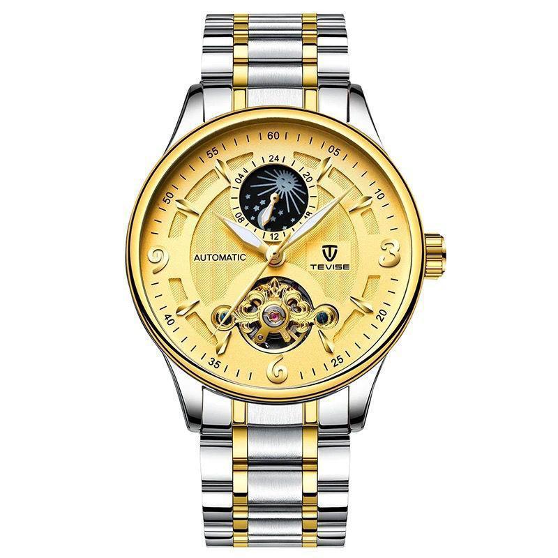 The Tevise 820B is a stylish automatic mechanical watch known for its distinctive metallic design and craftsmanship.