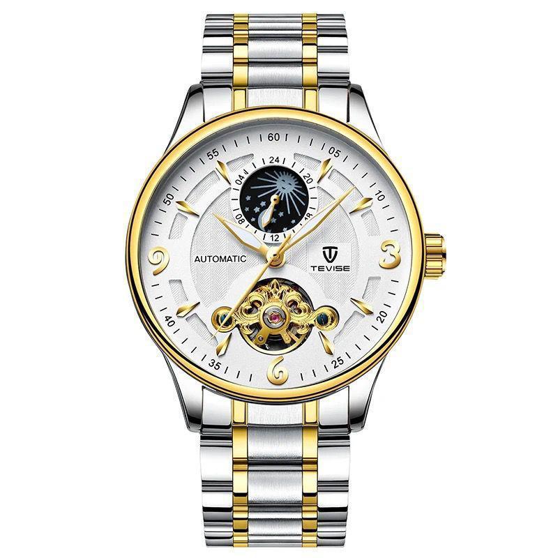 The Tevise 820B is a stylish automatic mechanical watch known for its distinctive metallic design and craftsmanship.