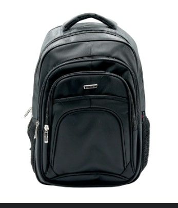 Leather Laptop Backpack – Durable Waterproof Travel Office School Bag – Multi-Compartment Black Bag. Classic Multi-Zipper School & Office Bag with Side Mesh Pockets for Men and Women