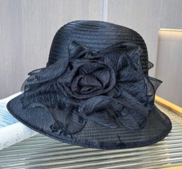 Elegant Women’s Black Rose Hat – Wide Brim Dress Hat with Mesh Flower Design for Formal & Church Wear