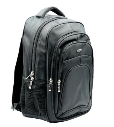 Leather Laptop Backpack – Durable Waterproof Travel Office School Bag – Multi-Compartment Black Bag. Classic Multi-Zipper School & Office Bag with Side Mesh Pockets for Men and Women
