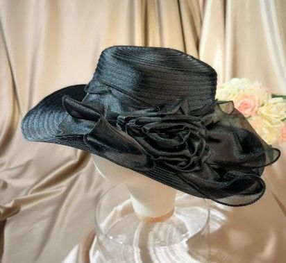 Elegant Women’s Rose Black Hat – Wide Brim Dress Hat with Mesh Flower Design for Formal & Church Wear Wedding Party