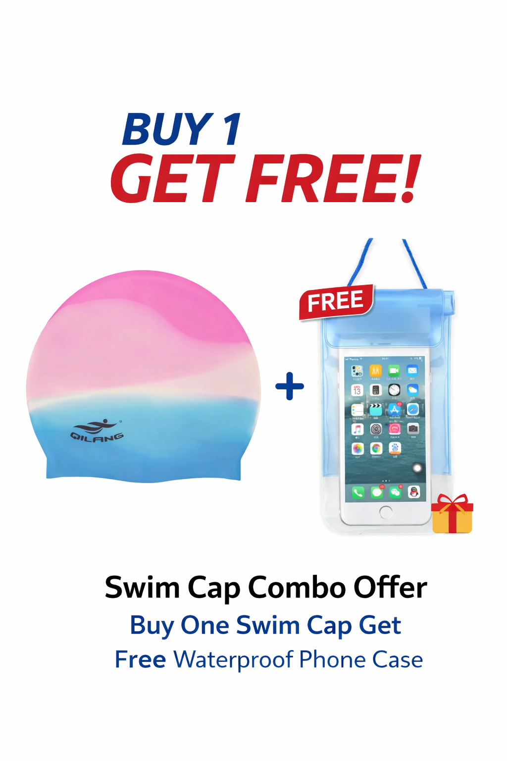 Swim Cap Combo Offer – Buy 1 Get FREE Waterproof Phone Case Silicone Swimming cap
