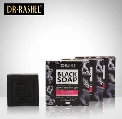 DR·RASHEL Black Soap – Collagen & Charcoal | Deep Cleansing Face & Body Bar | Anti-Acne, Whitening, Detox Soap