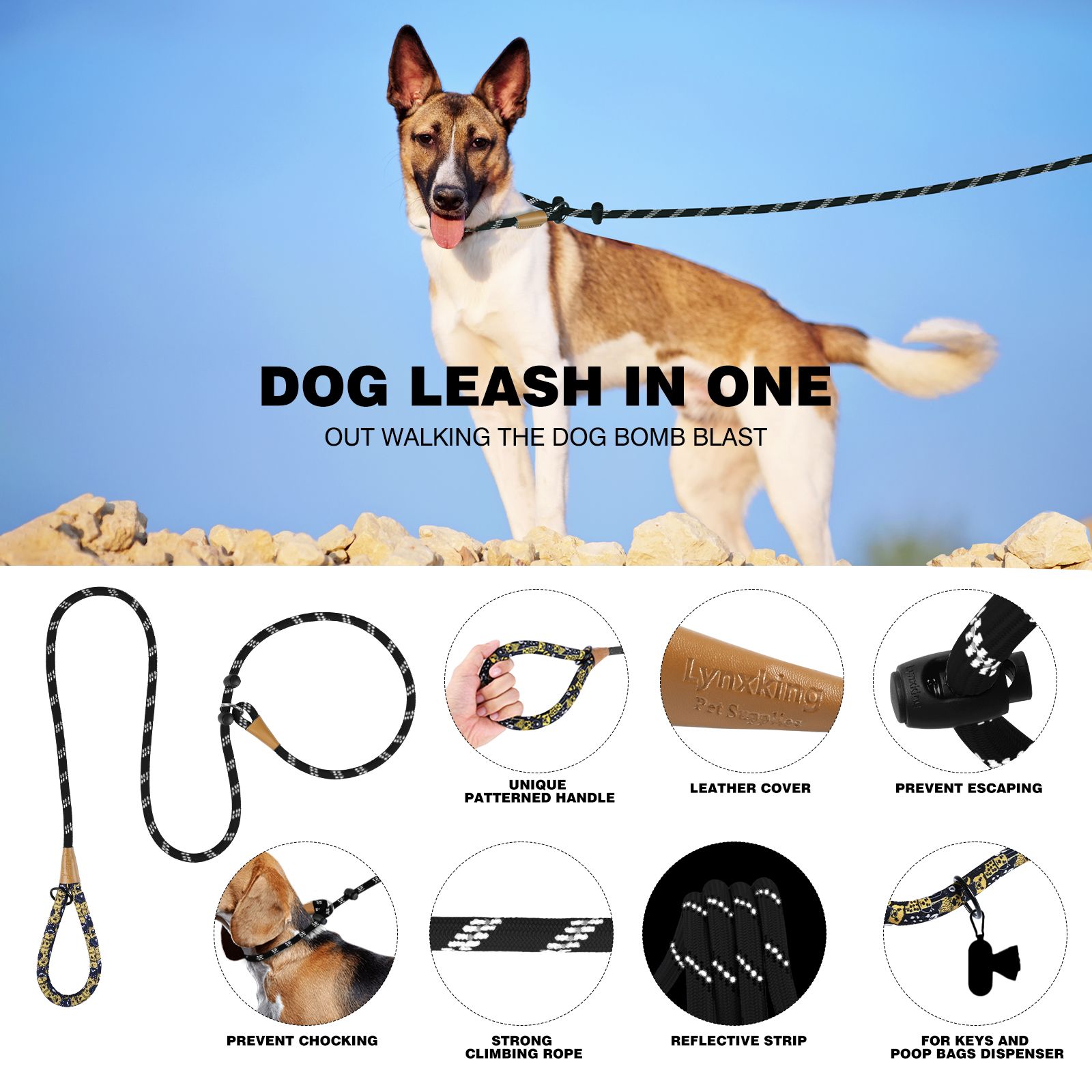 Dog Leash Reflective Slip Rope Lead Leash Strong Heavy Duty Braided Rope No Pull Training Lead Leashes for Medium Large and Small Dogs