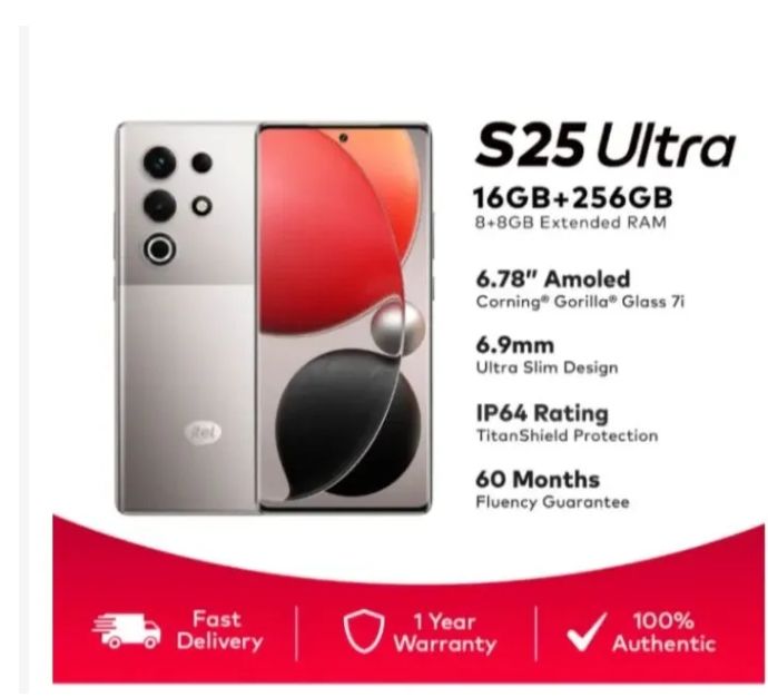 Itel S25 Ultra 256GB+8GB RAM 50MP+32MP Camera 6.78" 120Hz AMOLED Display 5000mAh Battery Android Smart Phone IP64 Dust/Water Resistant RGB Ring Notifications Light