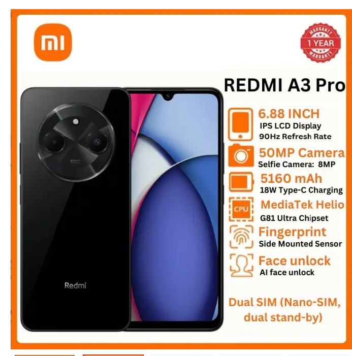 Redmi A3 Pro 128GB + 4GB 6.71" 4G Network 5160mAh Battery 8MP AI Camera 10W Fast Charging Fingerprint Sensor Android 14 Smart Phones LCD Screen 50MP Camera