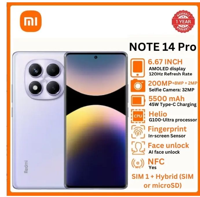 [Brand New] XIAOMI Redmi Note 14 Pro 8GB+256GB 6.67" 120Hz AMOLED Display 200MP Camera IP64 Dust and Splash Resistant 5500mAh Battery Under-display Fingerprint 45W Fast Charging Smart Phones