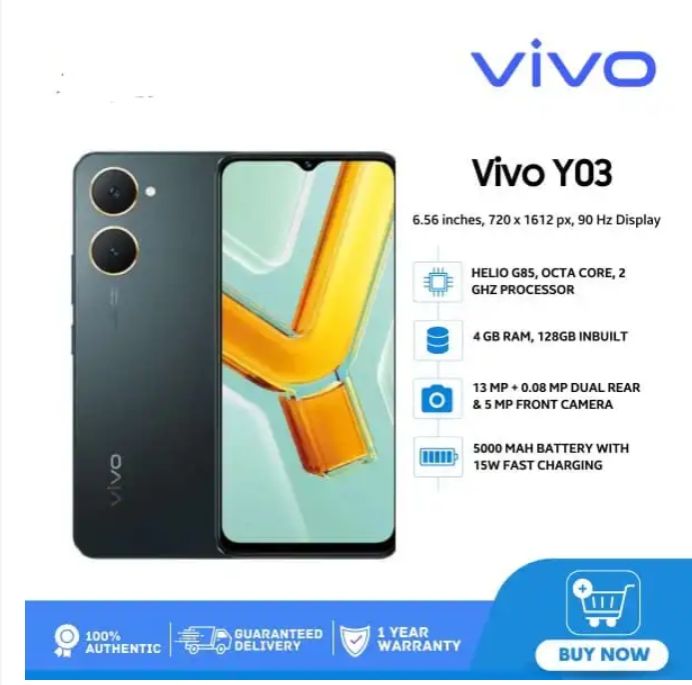Vivo Y03 128GB+8GB[4+4] 6.56" 90Hz Display Android 4G 5000mAh Smart Phones 1 Years warranty phone IP54 Dust/Water Resistant MTK Helio G85 Processor 13MP Camera 15W Fast Charging Smartphone