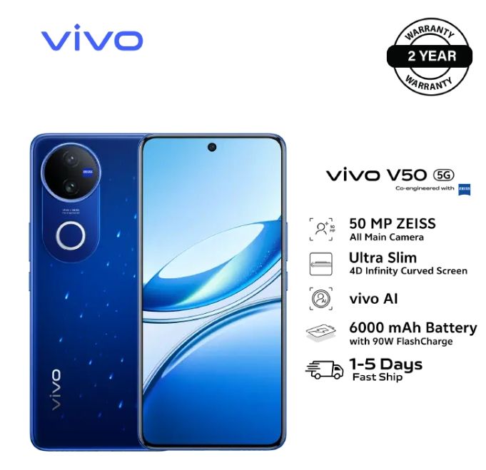 Vivo V50 512GB+12GB 6.77 Inches 120Hz Display 50MP+50MP Cameras Snapdragon 7 Gen 3 Processor 6000mAh Battery 90W SuperFast Charging IP68/69Dust/Water Resistant Android Smartphone